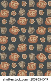 Vertical doodle background. Design postcards. Flying cups of tea, coffee, cacao. Brown and dark blue colours. Hot Drink mugs doodle. Hand drawn vector for your packing, bag, mug. Cafe, store, dishes.