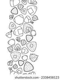 línea de doodle vertical Diversos tipos de Onigiri con el concepto de jengibre encerado y Shiso verde sin fisuras sobre fondo blanco. ilustración vectorial abstracta.