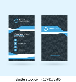 Vertical double-sided black and blue modern business card template. Vector illustration. Stationery design