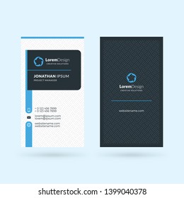 Vertical double-sided black and blue modern business card template. Vector illustration. Stationery design