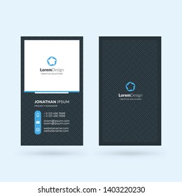 Vertical double-sided black and blue modern business card template. Vector illustration. Stationery design