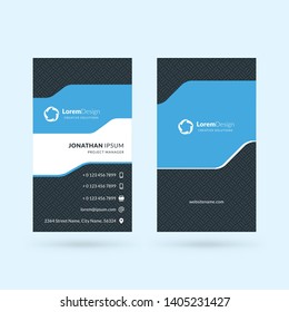 Vertical double-sided black and blue modern business card template. Vector illustration. Stationery design