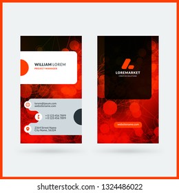 Vertical double-sided black and red modern business card template. Vector illustration. Stationery design