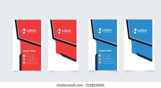 Vertical Double-sided Business Card Template. Blue and Black Colors. Flat Design Vector 