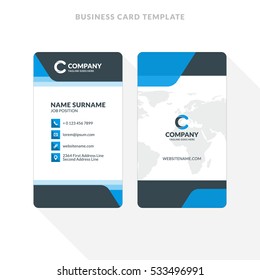 Vertical Double-sided Business Card Template. Blue and Black Colors. Flat Design Vector Illustration. Stationery Design