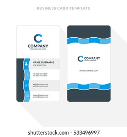 Vertical Double-sided Business Card Template. Blue and Black Colors. Flat Design Vector Illustration. Stationery Design