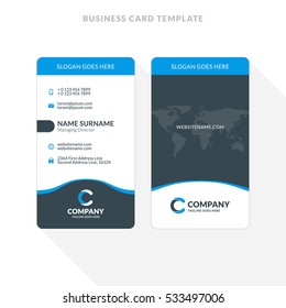 Vertical Double-sided Business Card Template. Blue and Black Colors. Flat Design Vector Illustration. Stationery Design