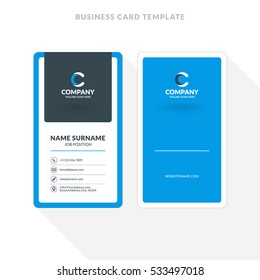 Vertical Double-sided Business Card Template. Blue and Black Colors. Flat Design Vector Illustration. Stationery Design
