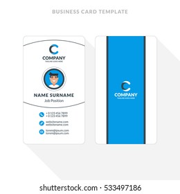 Vertical Double-sided Business Card Template. Blue and Black Colors. Flat Design Vector Illustration. Stationery Design