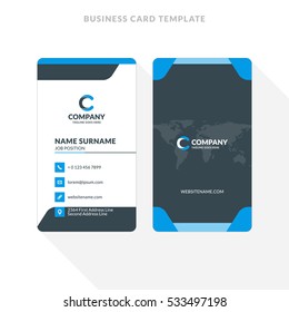 Vertical Double-sided Business Card Template. Blue and Black Colors. Flat Design Vector Illustration. Stationery Design