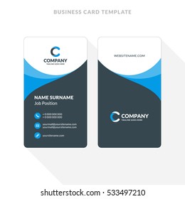 Vertical Double-sided Business Card Template. Blue and Black Colors. Flat Design Vector Illustration. Stationery Design