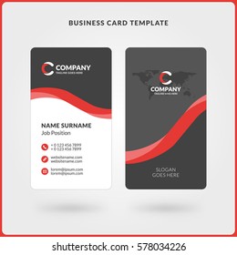 Vertical Double-sided Business Card Template. Red and Black Colors. Flat Design Vector Illustration. Stationery Design