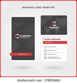 Vertical Double-sided Business Card Template. Red and Black Colors. Flat Design Vector Illustration. Stationery Design