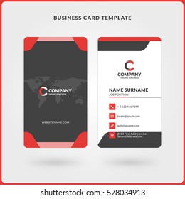 Vertical Double-sided Business Card Template. Red and Black Colors. Flat Design Vector Illustration. Stationery Design