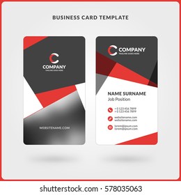 Vertical Double-sided Business Card Template. Red and Black Colors. Flat Design Vector Illustration. Stationery Design