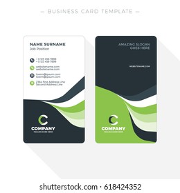 Vertical Double-sided Business Card Template with Abstract Green and Black Waves Background. Vector Illustration. Stationery Design