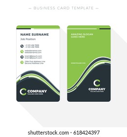 Vertical Double-sided Business Card Template with Abstract Green and Black Waves Background. Vector Illustration. Stationery Design