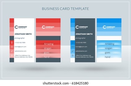 Vertical double-sided creative business card templates. Red and blue versions. Vector illustration. Stationery design