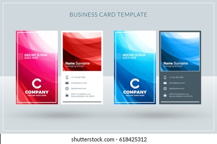 Vertical double-sided creative business card templates. Red and blue versions. Vector illustration. Stationery design