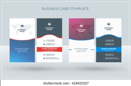 Vertical double-sided creative business card templates. Red and blue versions. Vector illustration. Stationery design