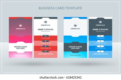 Vertical double-sided creative business card templates. Red and blue versions. Vector illustration. Stationery design