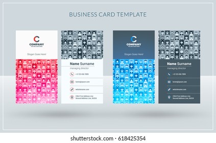 Vertical double-sided creative business card templates. Red and blue versions. Vector illustration. Stationery design