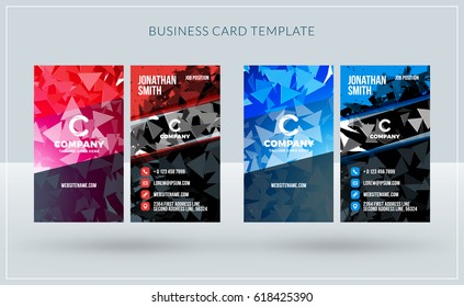 Vertical double-sided creative business card templates. Red and blue versions. Vector illustration. Stationery design