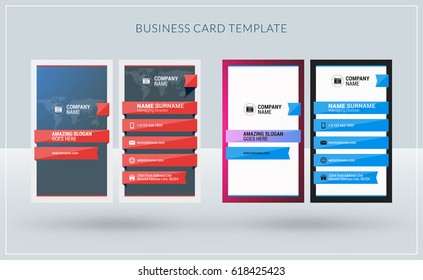 Vertical double-sided creative business card templates. Red and blue versions. Vector illustration. Stationery design