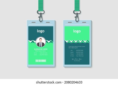 Vertical Double-sided ID Card Template. Green and Blue Colors. Flat Design Vector Illustration