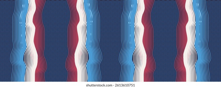 Vertical drawn ethnic spring summer striped pattern on dark blue background.For decoration purposes,printing on fabric.Simple graphic texture.Colorful lines.Wallpaper,seamless striped textile texture.