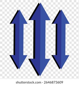 Vertical dual sided long straight arrow icons isolated on transparent background.