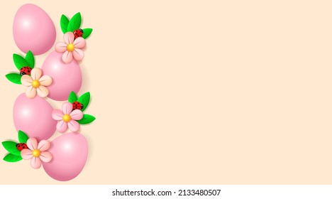 Vertical Easter border. Easter eggs, flowers and ladybugs. Spring background with 3d objects