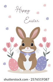 Vertical Easter card. Bunny with flowers