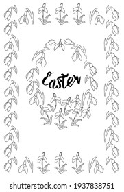 Vertical Easter card with snowdrops, eggs and letherring. Black and white drawing in a linear style, minimalism.  Vector illustration in sketch style for Easter design.