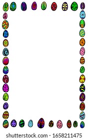 Vertical Easter frame consisting of multi-colored eggs with a different pattern. Detailed frame with eggs for the holiday. Decorative element for design and print. Stock set elements for Easter.
