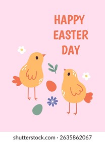 Vertical Easter greeting card with eggs and adorable yellow chicks. Happy Easter holiday concept. Hand drawn vector illustration for invitations, social media posts and printable templates.