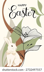 Vertical Easter Poster With Bunny And Floral Nature Design Illustration