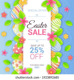 Vertikal Osterverkaufsbanner mit Eiern, Leben und Blumen. In der Vorsaison Promotion, Discount Flayer, spezielles Angebot Typografie Template Konzept. Stock-Vektorgrafik im realistischen Stil