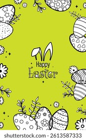 Vertical Easter Vector Creative Greeting Card or Banner Design. Decorated Easter Eggs, Bunny Ears, Spring Flowers and Plants decorations. Painted and Ornamental Eggs Creative Easter and Spring Frame. 