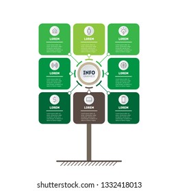 Vertical eco Business presentation concept with 8 options. Web Template of tree, info chart or diagram. Vector infographic of technology or education process with 8 points.