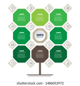 Vertical eco Business presentation concept with 8 options and 16 icons. Vector infographic of technology or education process with eight points. Web Template of tree, info chart or diagram.