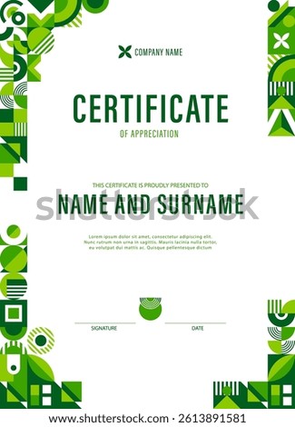 Vertical ecology certificate template with green geometric shapes, vector diploma. Appreciation certificate template for achievement in green technology or eco environment with geometric shapes frame