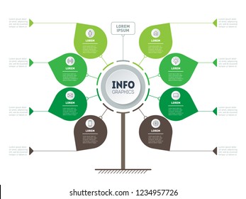 Vertical ecology Timeline or infographics. Tree of development and growth of the eco business. Infographic of tendencies and trends graph. Business presentation concept with 8 options, points, steps.