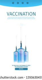 Vertical Editable Banner With Realistic Syringes With Vaccine. Vector Medical Illustration For Vaccination Program. Immunological Safety Of Children And Adults. Landing Page For Online Resources