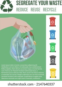 Vertical educational poster with hand holding waste bag and garbage cans. 