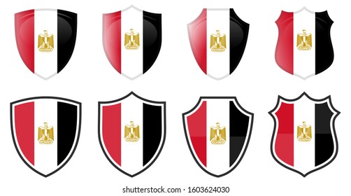 Vertical Egypt flag in shield shape, four 3d and simple versions. Egyptian icon / sign