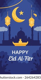  vertical Eid Al-Fitr vector designs. Features mosques, crescent moons, lanterns, and starry skies. Perfect for greeting cards, posters, and social media stories.
