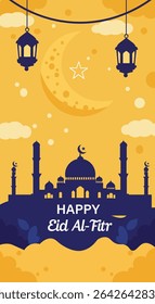  vertical Eid Al-Fitr vector designs. Features mosques, crescent moons, lanterns, and starry skies. Perfect for greeting cards, posters, and social media stories.