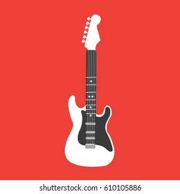 vertical electric black & white vector Guitar. playing Rock music. rock and roll icon illustration on red background flat design style