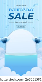 
Vertical Elegant promotional banner featuring Fathers Day sale, with blue tones and heart shaped balloons, offering discounts. Perfect for online advertising and marketing on Fathers Day events.